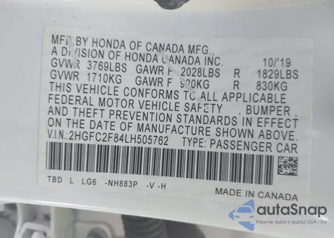 2020 Honda Civic Sport z USA, uszkodzony, nr VIN 2HGFC2F84LH505762